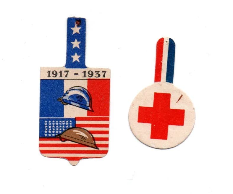 2 vignettes carton pour les 20 ans de l'intervention US en France (1917-1937) et croix rouge - 1