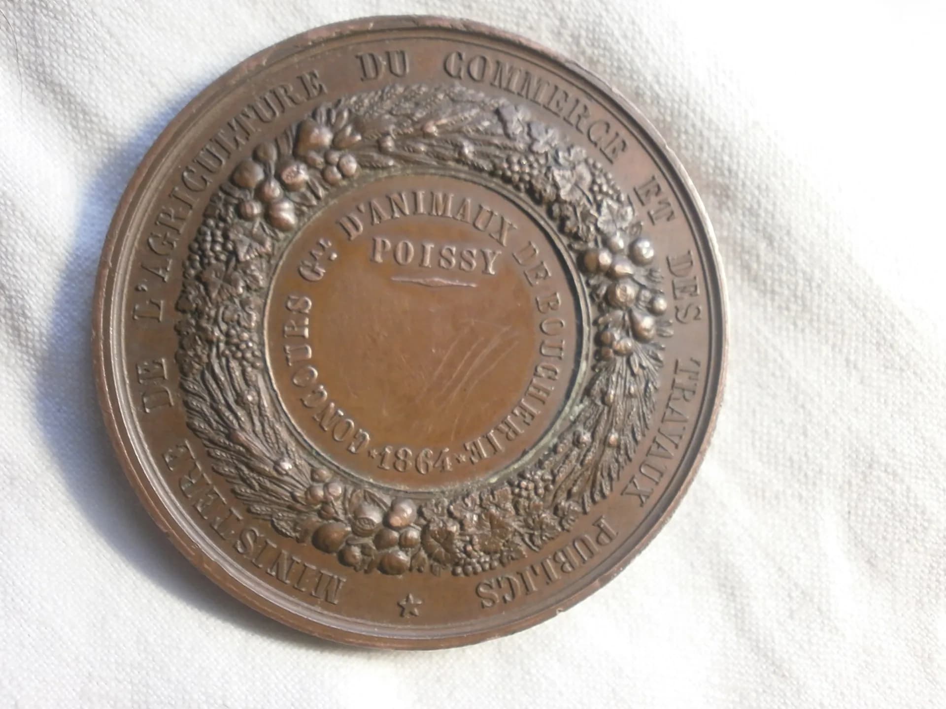Médaille cuivre Napoléon III : Concours des animaux de boucherie Poissy 1864. Barre - 2