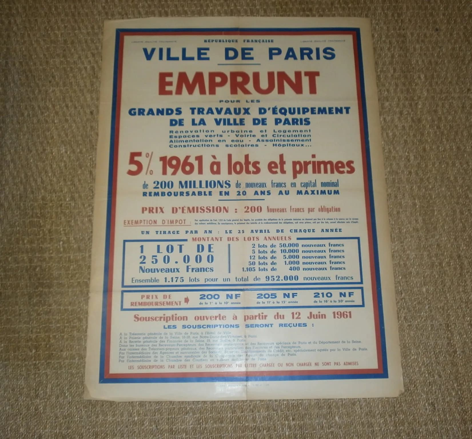 Affiche emprunt ville de Paris pour grands travaux 1961 - 1