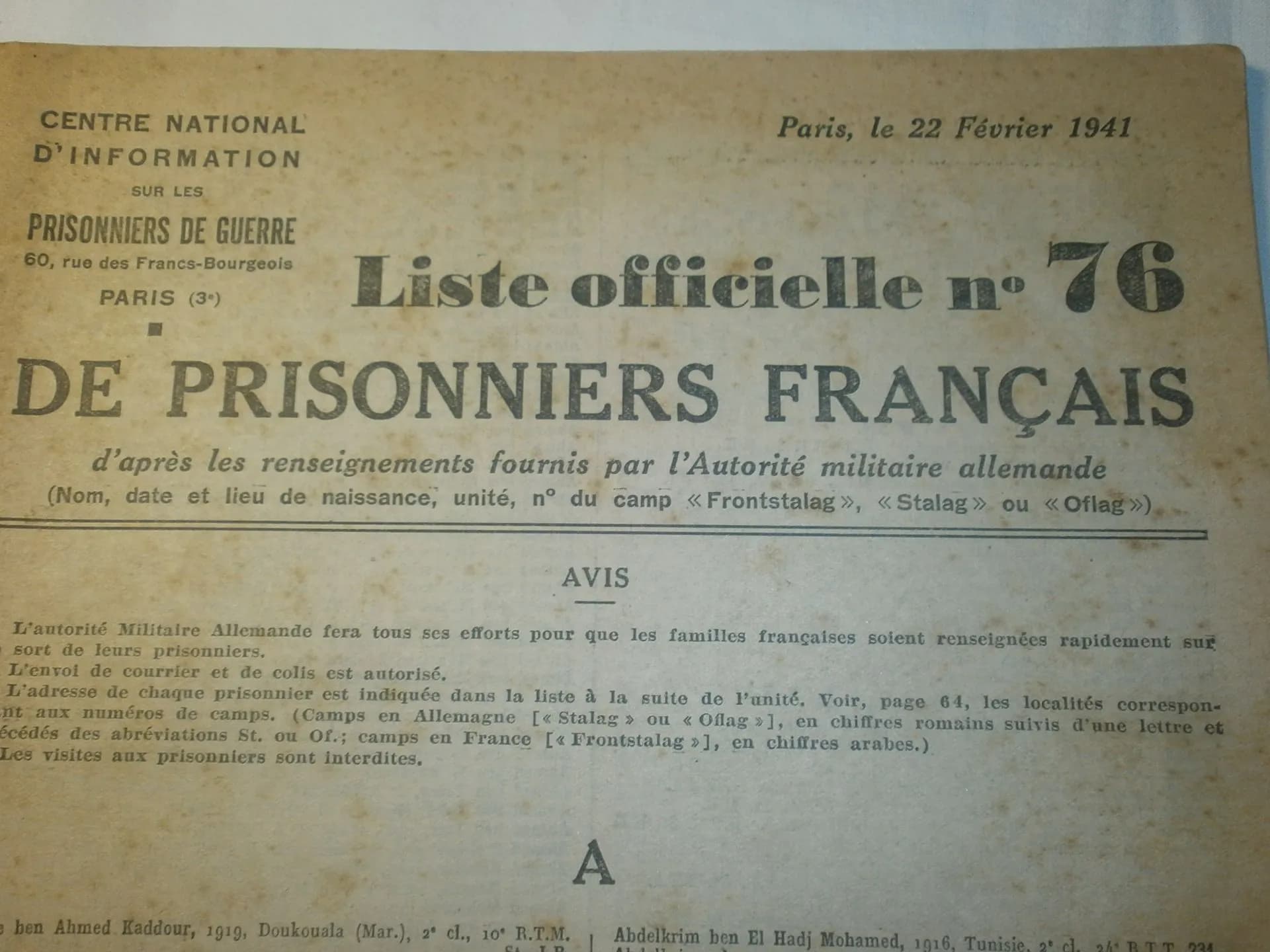liste officielle de prisonniers de guerre français n° 76 de février 1941 - 5