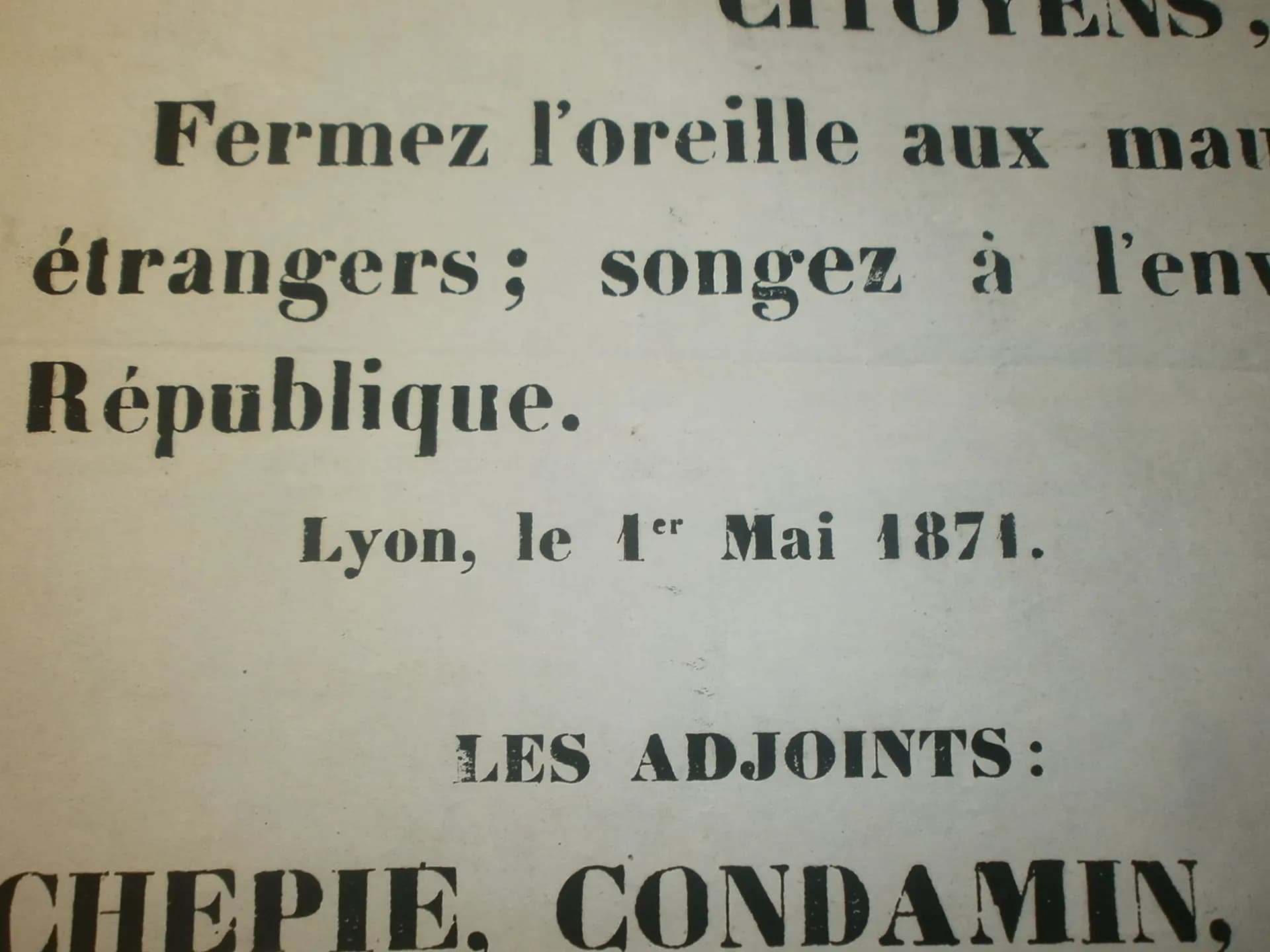 Affiche La commune Lyon 1871. Protestation contre les troubles. 1er Mai 1871 - 2