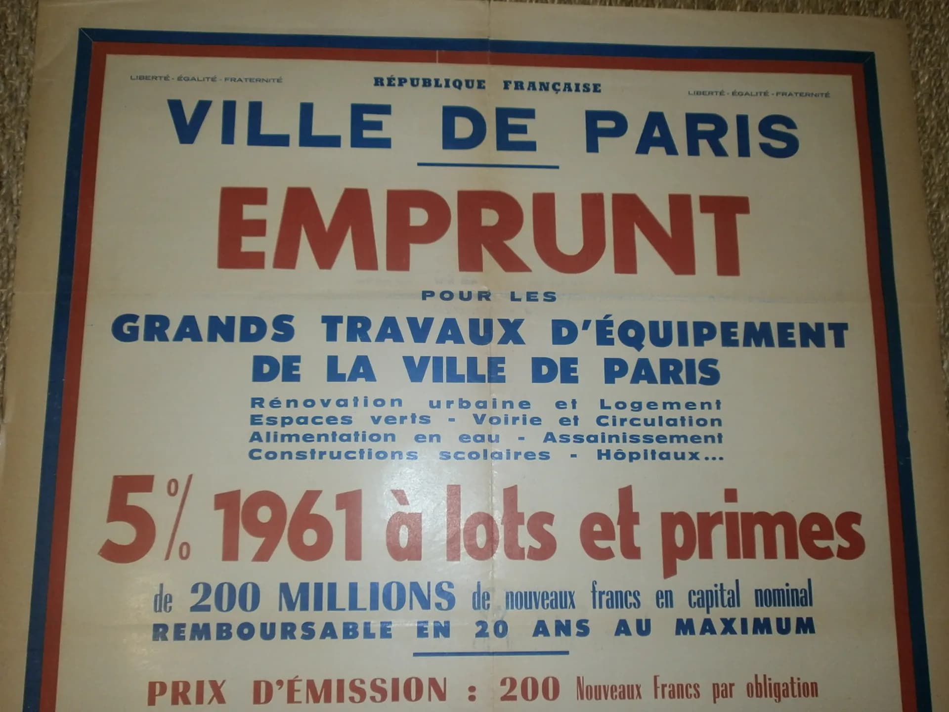 Affiche emprunt ville de Paris pour grands travaux 1961 - 2