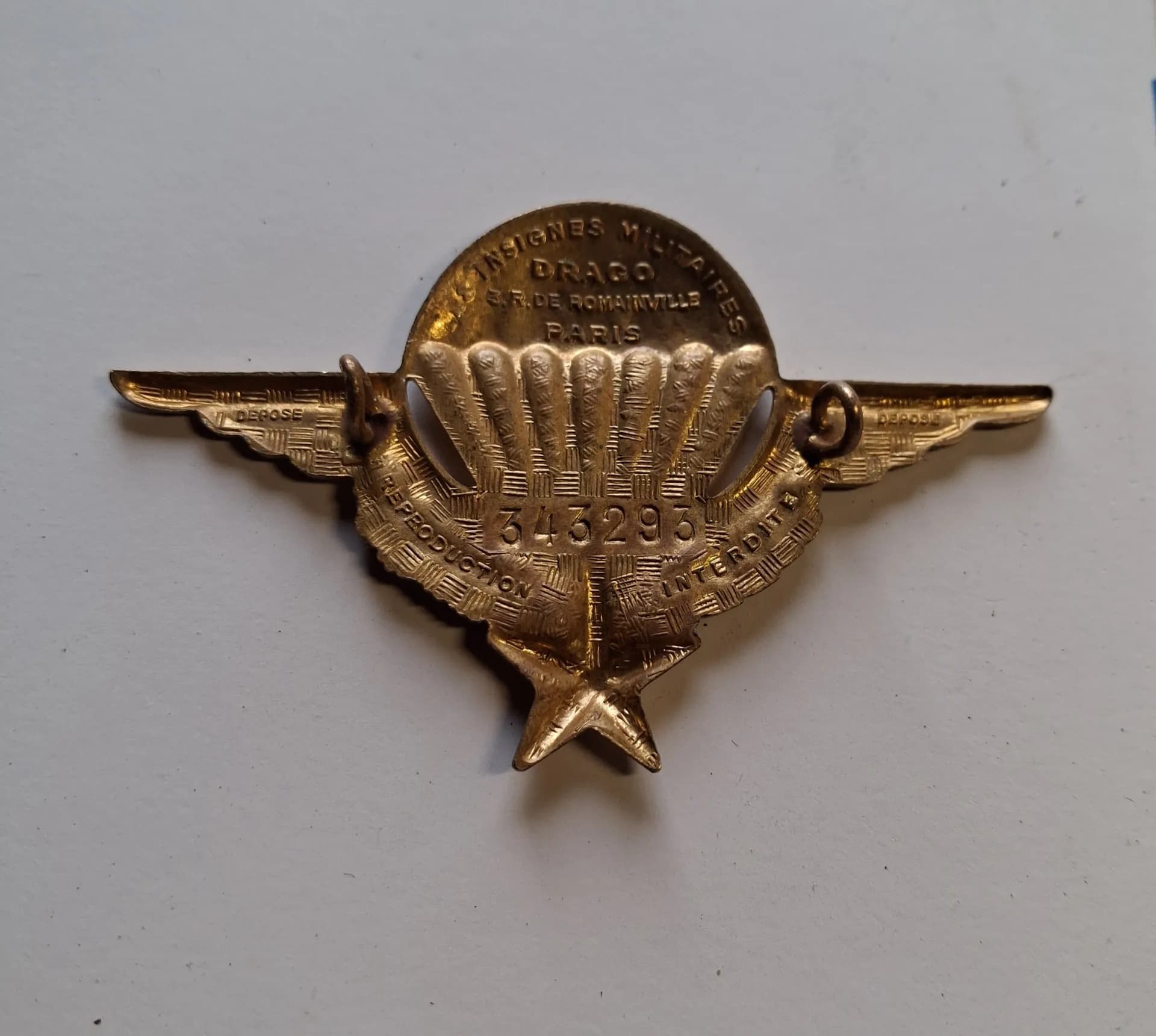 Brevet parachutiste doré et numéroté  - 3