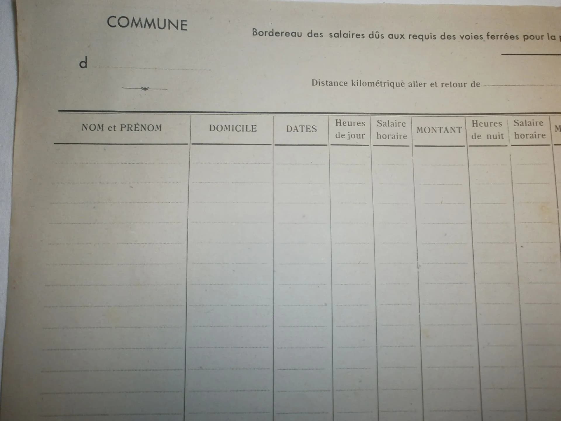 état français : bordereau pour les salaires des personnels requis des voies ferrées  .Calvados - 2