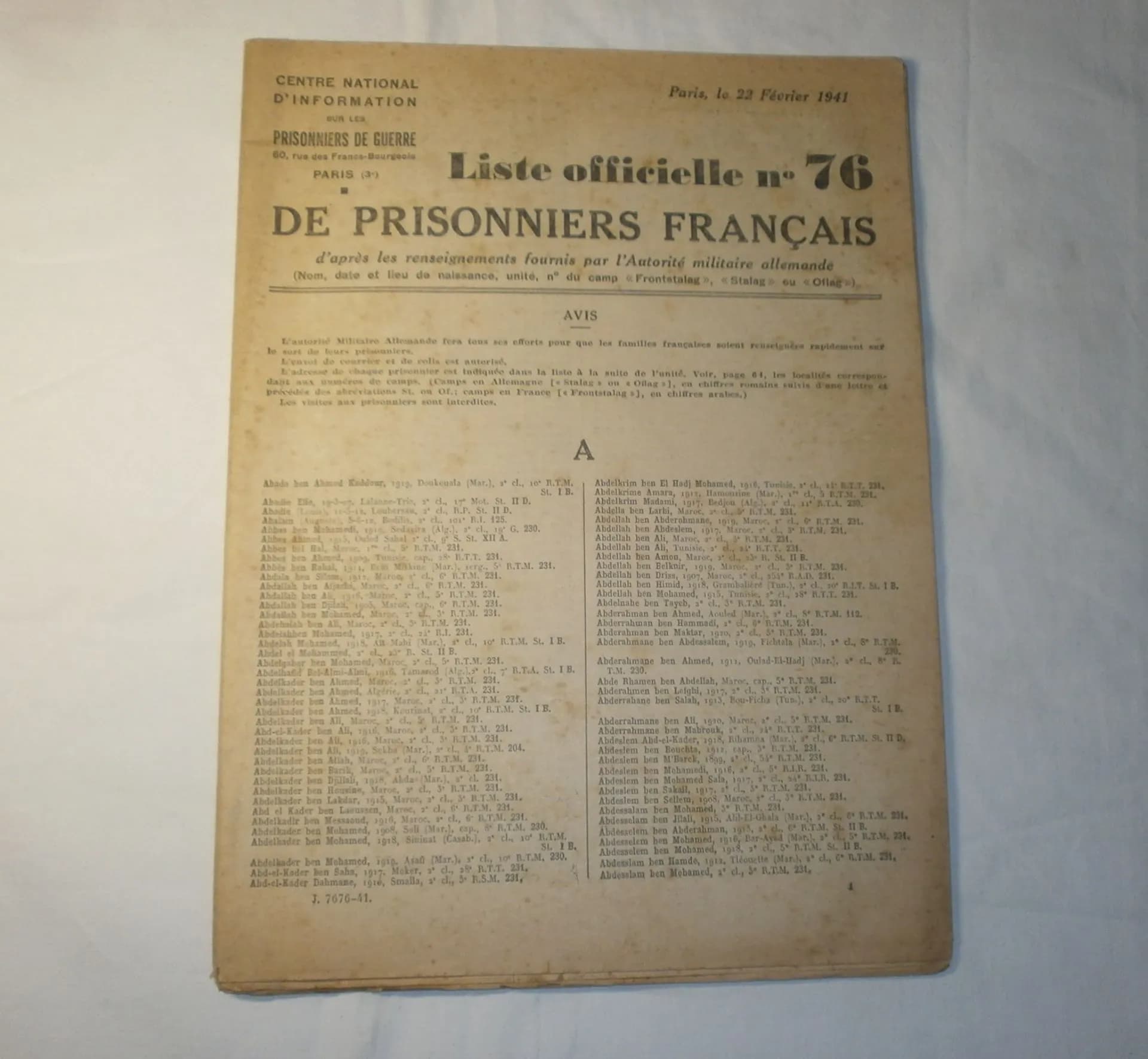 liste officielle de prisonniers de guerre français n° 76 de février 1941 - 1