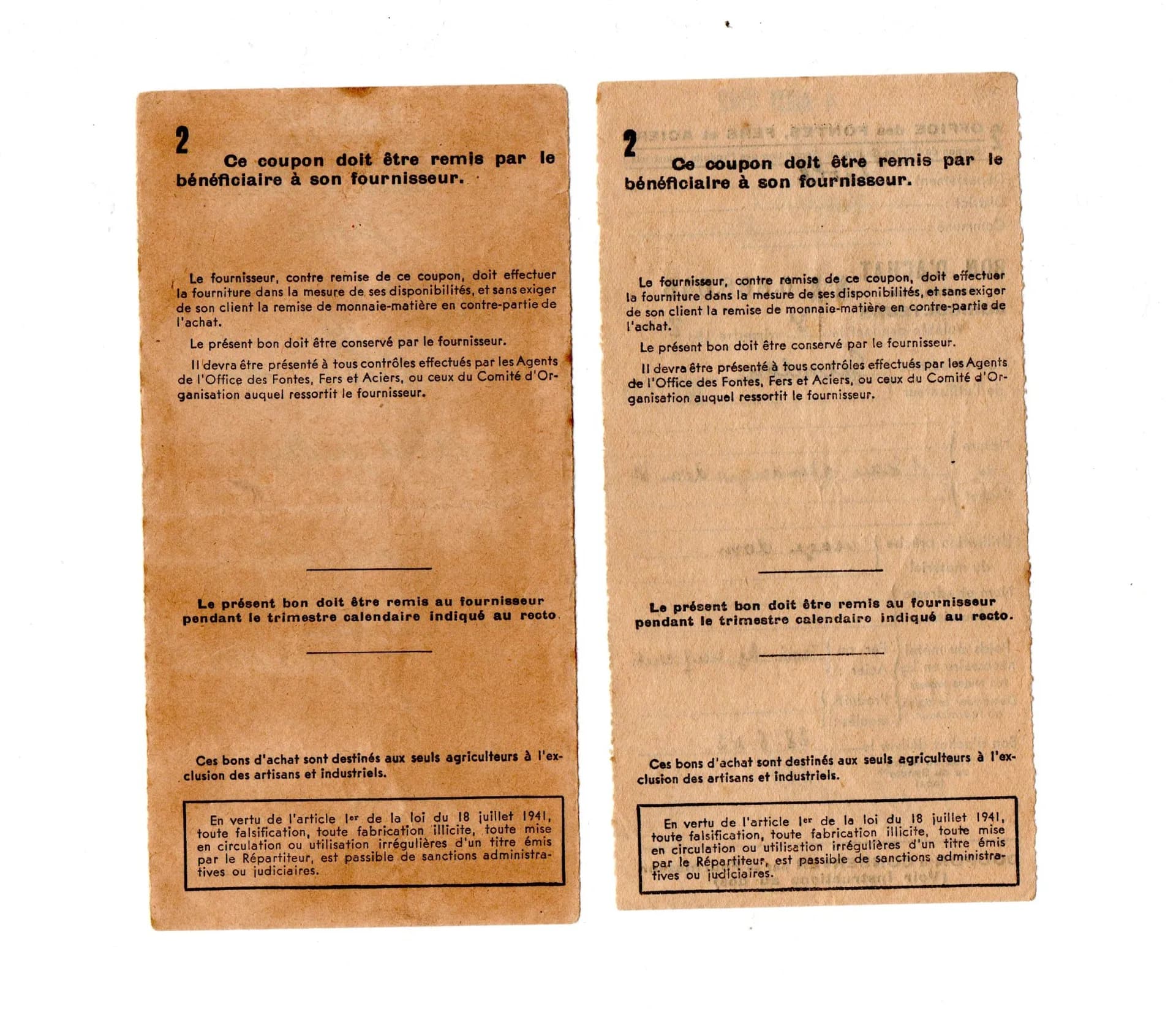2 bons d'achat de l'office des Fontes, fers et aciers 1942 - 2