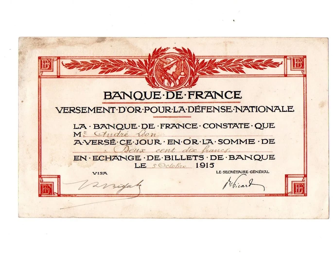 reçu de la  banque de France : versement or pour la défense nationale 1915 - 1