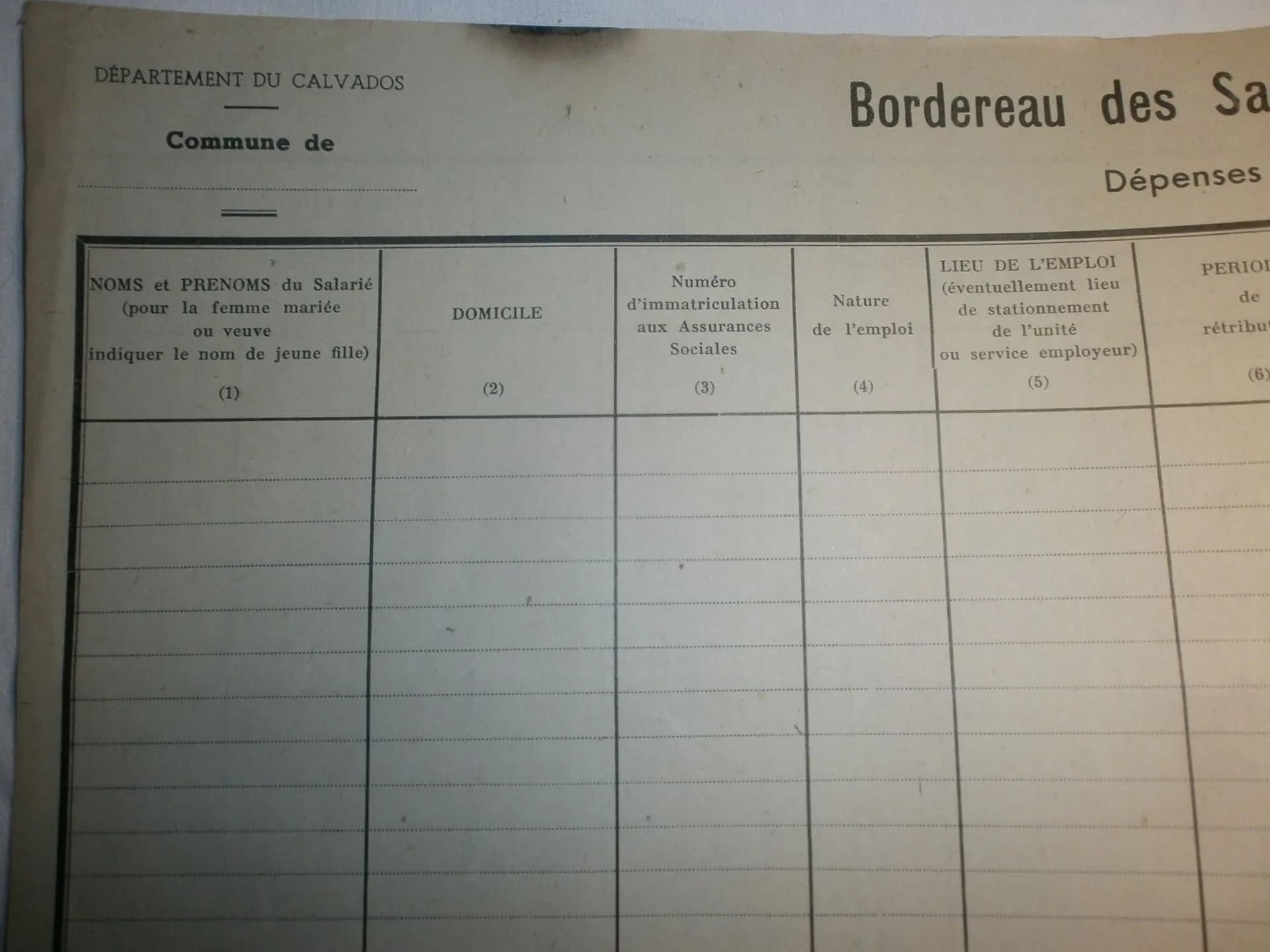 bordereau vierge pour les salaires des personnels requis par les allemands Calvados - 2