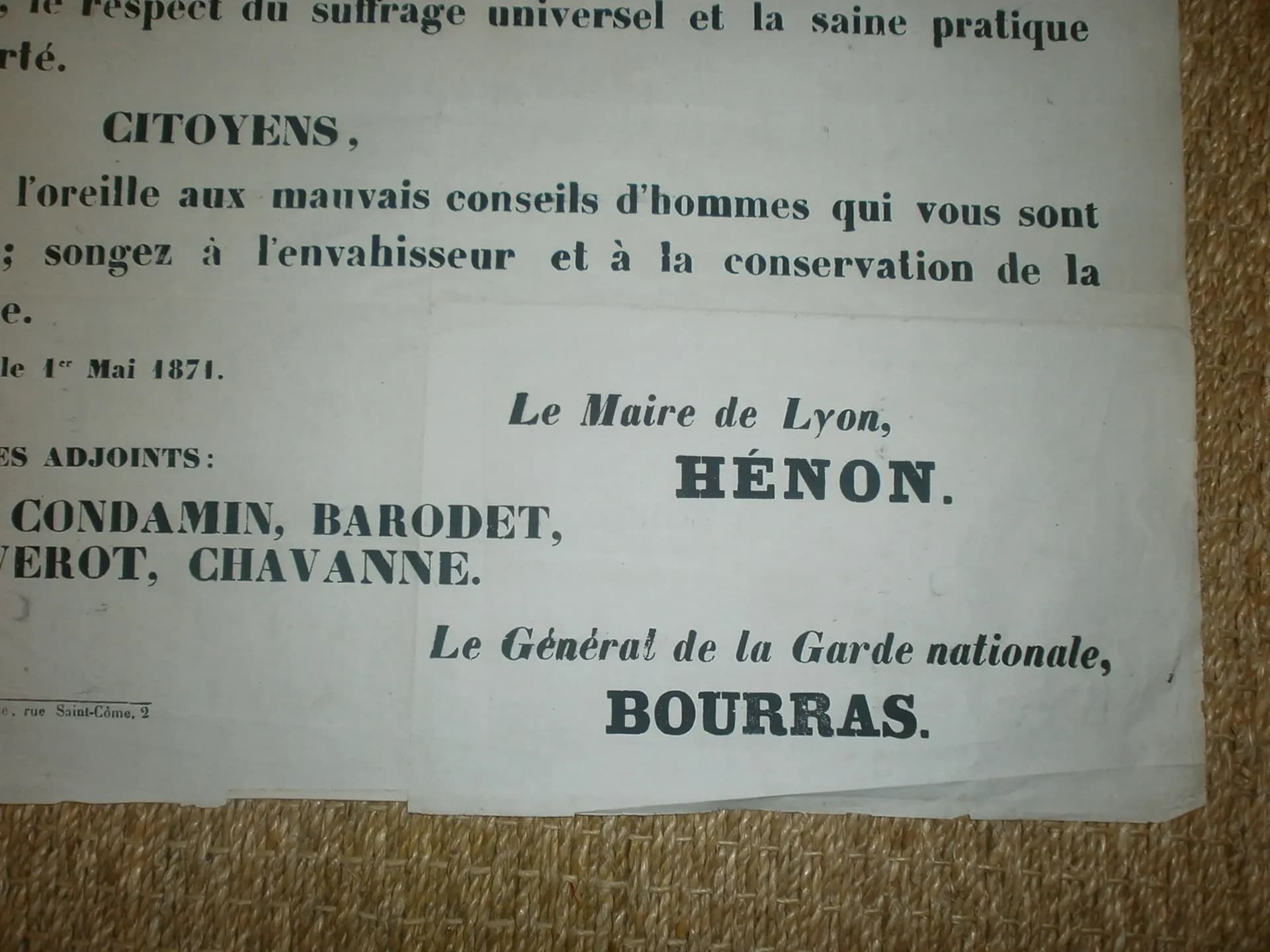 Affiche La commune Lyon 1871. Protestation contre les troubles. 1er Mai 1871 - 4
