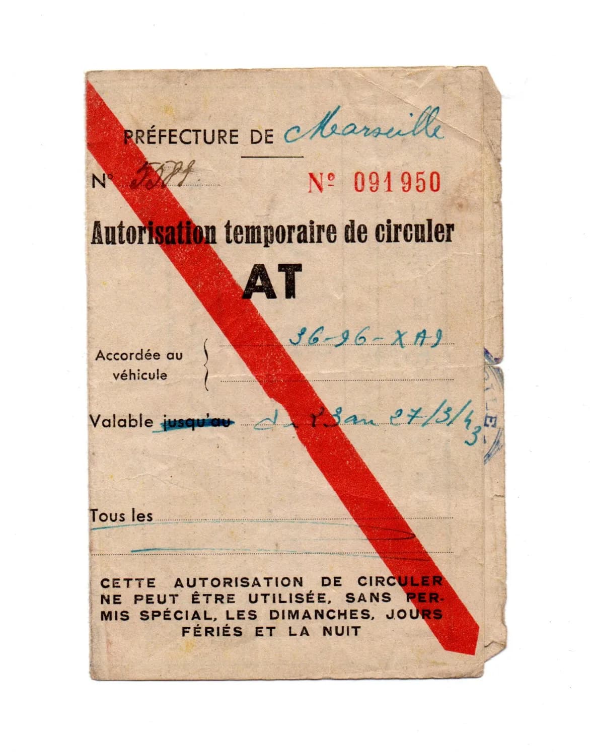 Autorisation temporaire de circuler Marseille- le Havre 1943 pour une traction Citroën  - 1