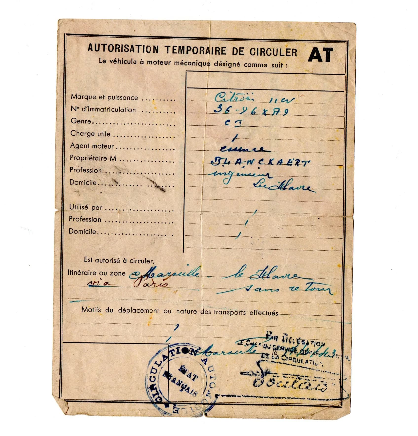 Autorisation temporaire de circuler Marseille- le Havre 1943 pour une traction Citroën  - 3