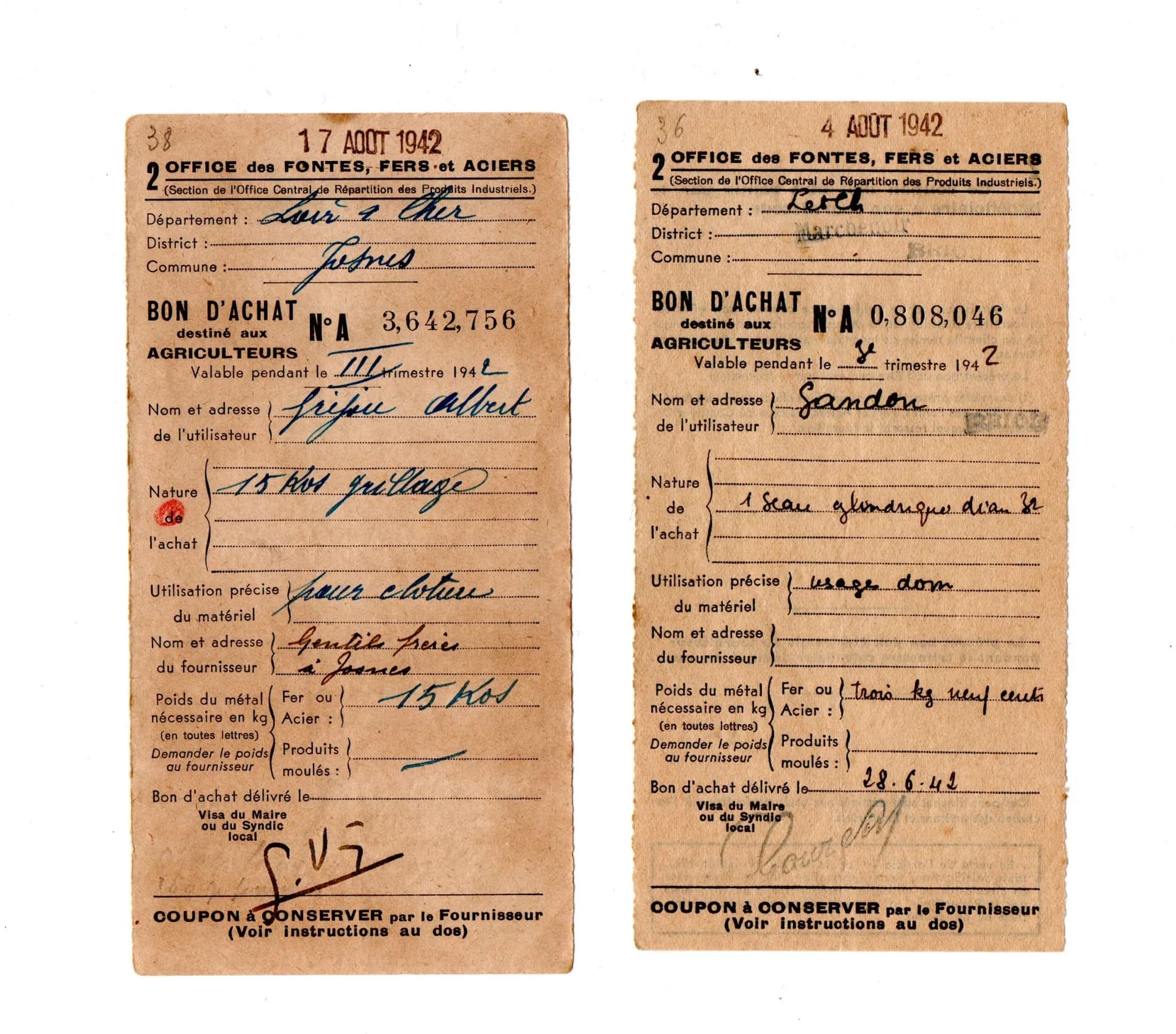 2 bons d'achat de l'office des Fontes, fers et aciers 1942 - 1