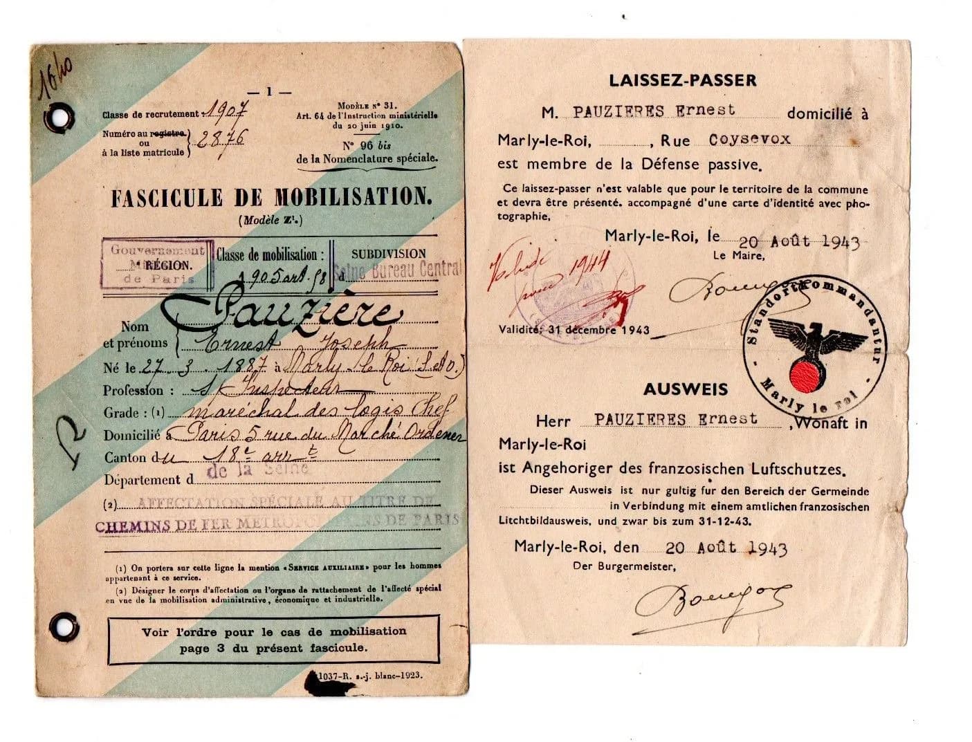 laissez-passer et fascicule de mobilisation Marly-Le-Roi - 1