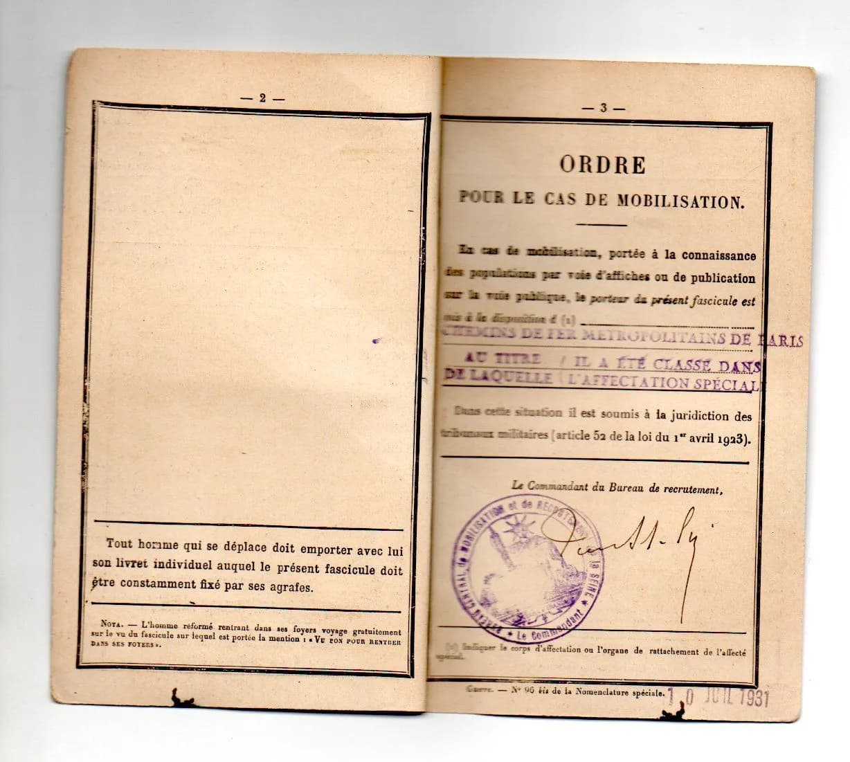 laissez-passer et fascicule de mobilisation Marly-Le-Roi - 2
